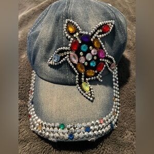 Embellished Denim Cap with Colorful Gems